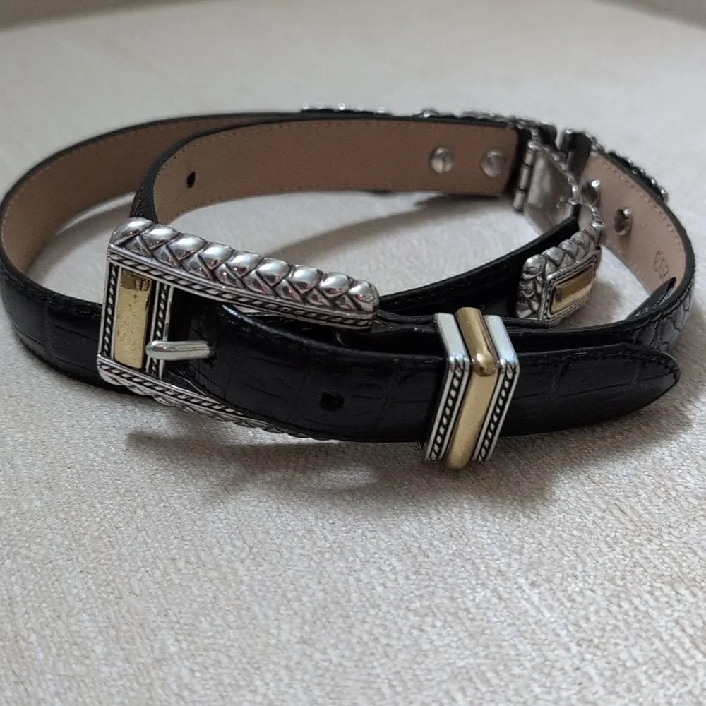 Brighton Black Leather Croc Embossed Belt Brass/Silver Buckle & Hardware Size M
